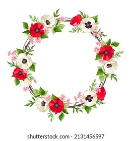 Vector floral wreath with red and white poppy flowers, small pink flowers, and green leaves. Floral circle frame. Greeting or invitation card design