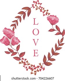 Vector floral wreath rhombus  shaped with the word love