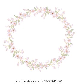 Vector floral wreath with sakura. Delicate spring illustration, circle border, blossoming branch with pink flowers, green leaves. Elegant design for wedding decor, banner, greeting card, invitation