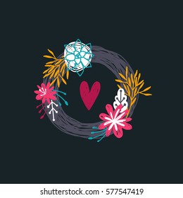 Vector floral wreath. Spring border with flowers, branches, succulents and hand drawn heart