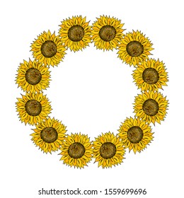 Vector floral wreath with sunflowers. Vector illustration.