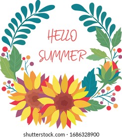 Vector floral wreath with sunflowers. Sunflower vector illustration. The sunflower with flower wreath or flowerring. The cute sunflower in flat vector style. 