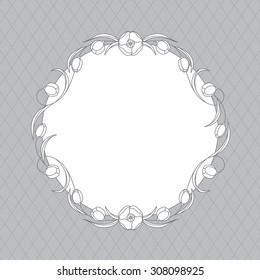 Vector floral wreath of tulips for wedding invitations. Black and white illustration. Contour Line Drawing.
