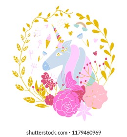 Vector floral wreath with unicorn. Circle frame.