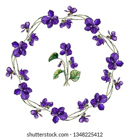 Vector floral wreath of violets flowers. Violet fragrant