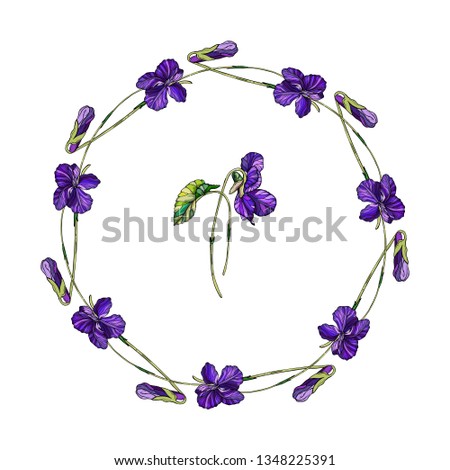 Vector floral wreath of violets flowers. Violet fragrant