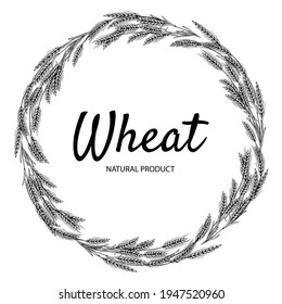 Vektorblumenkranz mit Weizenähren. Handgezeichnete Illustration mit einem Kreis von Baumwollspikeln einzeln auf Weiß. Vintage-Hintergrund für Bäckereidesign