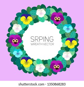 Vector floral wreath with white, yellow, blue and violet viola flowers and green leaves on a violet background