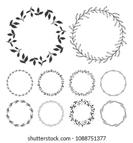 vector floral wreaths, hand drawn wreath clip art, round frame with leaves, decorative design elements, illustration