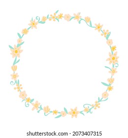 Vector floral wreath,tender botanical illustration for greeting card,invitation,wedding and Easter decoration,birthday postcard,simple frame with abstract flower. 