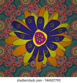 Vector floral yellow, blue and pink pattern. Seamless cute mille-fleurs texture for fabric, wrapping, printing, textile.