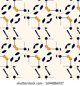 Vector floral yellow circle dark blue geometric leaf style repeat pattern in the soft white background. Great for garments fabric print illustration wallpaper texture magazine surface project.