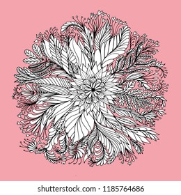 Vector floral zentangle ornament with flowers and leaves. Beautiful botanical composition. Perfectly for coloring books, art prints, fashion, textile, fabric, interior, cover design.