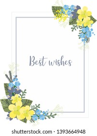 Vector floralpostcard, design set: garden flower, blue yellow violet flowers. Decorative modern layout