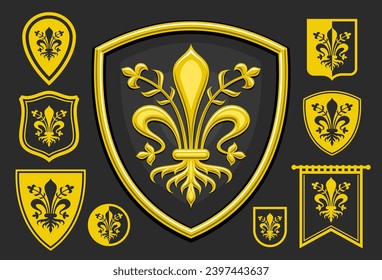 Vector Florence Emblem Set, horizontales Poster mit einer großen Sammlung von 9 Einzelillustrationen von dunklen und gelben florentiner Wappen, dekorative Fahne mit einer Gruppe von kunsthistorentinischen Blumenkresten