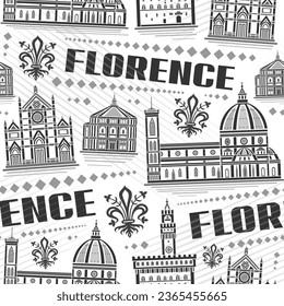 Vector Florence Seamless Pattern, repeat background with illustration of famous european florence city scape on white background, monochrome line art urban historical poster with black text florence