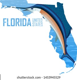vector Florida - American state map with swordfish Atlantic sailfish
