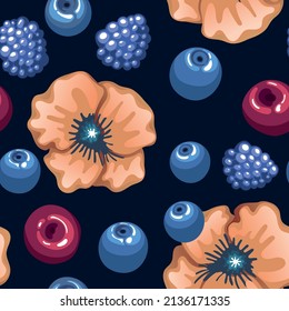 Vector floristic illustration of a seamless pattern of juicy blackberries, cherries, blueberries and flowers. 