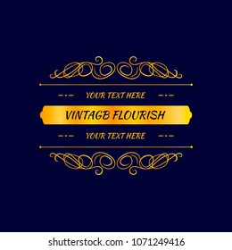 Vector Flourish Frame Template, Golden Border on Dark Blue Background, Vintage Design Element.