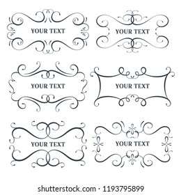 Vector flourish frames set, scroll border collection, place for text and sign, curl decoration elements, vintage divider decor, isolated