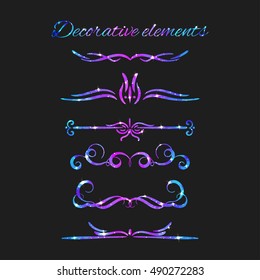 Vector Flourishes. Dividers Set. Hand Drawn Decorative Swirls With Glitter. Calligraphic Decorations With Sparkles. Space Texture. Glowing Stars Effect.