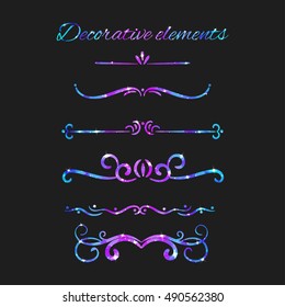 Vector Flourishes. Dividers Set. Hand Drawn Decorative Swirls With Glitter. Calligraphic Decorations With Sparkles. Space Texture. Glowing Stars Effect.