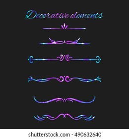 Vector Flourishes. Dividers Set. Hand Drawn Decorative Swirls With Glitter. Calligraphic Decorations With Sparkles. Space Texture. Glowing Stars Effect.