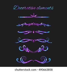 Vector Flourishes. Dividers Set. Hand Drawn Decorative Swirls With Glitter. Calligraphic Decorations With Sparkles. Space Texture. Glowing Stars Effect.