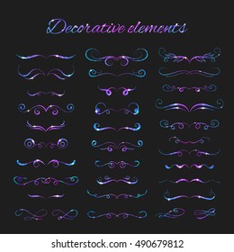 Vector Flourishes. Dividers Set. Hand Drawn Decorative Swirls With Glitter. Calligraphic Decorations With Sparkles. Space Texture. Glowing Stars Effect. Flourishes and Dividers for Designers.