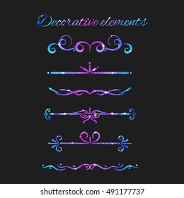 Vector Flourishes. Dividers Set. Hand Drawn Decorative Swirls With Glitter. Calligraphic Decorations With Sparkles. Space Texture. Glowing Stars Effect.