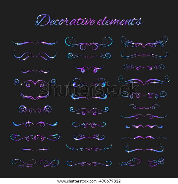 Vector Flourishes. Dividers Set. Hand Drawn\
Decorative Swirls With Glitter. Calligraphic Decorations With\
Sparkles. Space Texture. Glowing Stars Effect. Flourishes and\
Dividers for Designers.