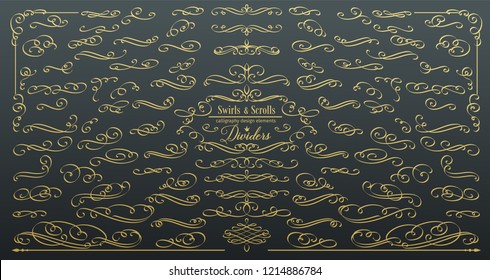 Vector flourishes. Swirl, scroll and divider. Calligraphic and page decoration golden design elements.