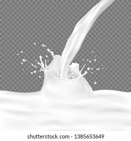 Vector flow 3d realistic of milk with splatters, yogurt mixing, splash of kefir, liquid drop, milkshake. Dairy and natural vegan drink- Vector