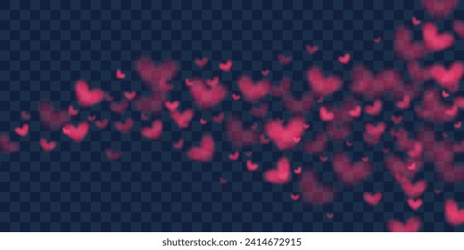 Vector flow of particles in the shape of hearts on a dark background. Transparent elements for romantic postcards and posters.