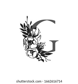 Vector flower alphabet. Design of letter G. Decoration of wedding invitations, cards, business cards of florists. Large delicate flowers in a ink style