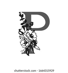 Alfabeto floral vectorial. Diseño de la letra P. Decoración de invitaciones de boda, tarjetas, tarjetas de visita de floristas. Grandes flores delicadas en un estilo de tinta