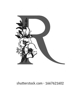Vector flower alphabet. Design of letter R. Decoration of wedding invitations, cards, business cards of florists. Large delicate flowers in a ink style
