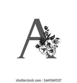Alfabeto floral vectorial. Diseño de la letra A. Decoración de invitaciones a bodas, tarjetas, tarjetas de visita de floristas. Grandes flores delicadas en un estilo de tinta