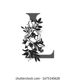 Vector flower alphabet. Design of letter L. Decoration of wedding invitations, cards, business cards of florists. Large delicate flowers in a ink style