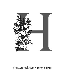 Vector flower alphabet. Design of letter H. Decoration of wedding invitations, cards, business cards of florists. Large delicate flowers in a ink style