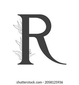 Vector flower alphabet. Design of letter R. Decoration of wedding invitations, cards, business cards of florists. Delicate twigs and leafs in a line art style