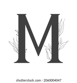Alfabeto de flor vectorial. Diseño de la letra M. Decoración de invitaciones a bodas, tarjetas, tarjetas de visita de floristas. Diversas ramas y hojas en un estilo de arte lineal