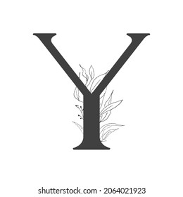 Vector flower alphabet. Design of letter Y. Decoration of wedding invitations, cards, business cards of florists. Delicate twigs and leafs in a line art style