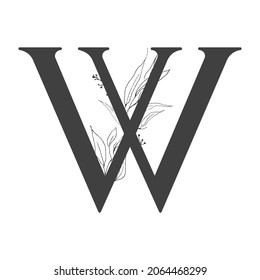 Vector flower alphabet. Design of letter W. Decoration of wedding invitations, cards, business cards of florists. Delicate twigs and leafs in a line art style