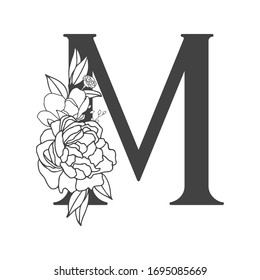 Vector flower alphabet. Floral design of letter M. Decoration of wedding invitations, cards, business cards of florists. Large delicate flowers in a line style