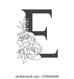 Vector flower alphabet. Floral design of letter E. Decoration of wedding invitations, cards, business cards of florists. Large delicate flowers in a line style