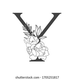 Vector flower alphabet. Floral design of letter Y. Decoration of wedding invitations, cards, business cards of florists. Large delicate flowers in a line style