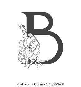 Vector flower alphabet. Floral design of letter B. Decoration of wedding invitations, cards, business cards of florists. Large delicate flowers in a line style