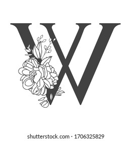 Vector flower alphabet. Floral design of letter W. Decoration of wedding invitations, cards, business cards of florists. Large delicate flowers in a line style