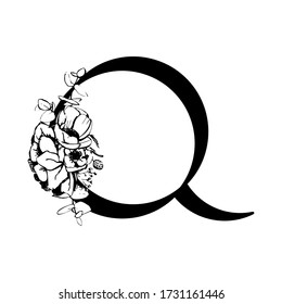 Vector flower alphabet. Floral design of letter Q. Decoration of wedding invitations, cards, business cards of florists. Large delicate flowers in a line style